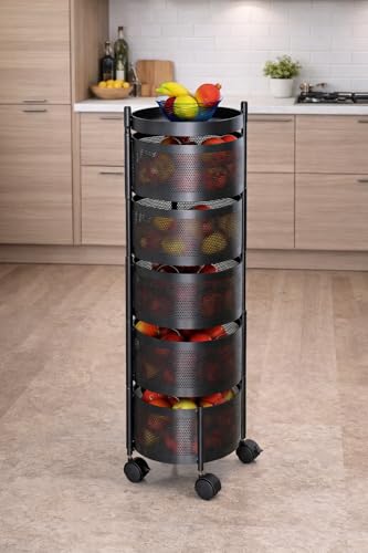 Image of RADIANT 4 Layer Multipurpose Plastic Trolley with Dish Rack for Kitchen Fruit Vegetable Storage Basket Kitchenware Food, Snacks, Toys, Tiered Shelf (Black) (Round Trolley - 4 Layer)