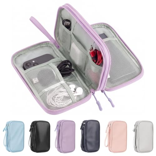 Arae PU Leather Cable Organizer Double Layer Travel Pouch, M Purple
