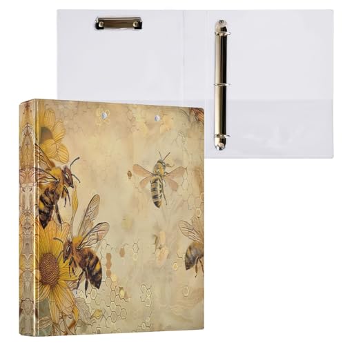 3,5 cm großer Ordner mit 3 Ringen, Vintage-Bienen und Sonnenblumen, niedlicher Ordner, drei Ringe für 200 Blatt, langlebige Basisordner für Schule, Büro, Zuhause, 1 Packung