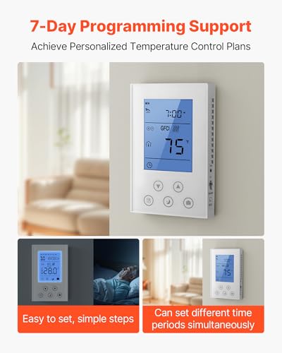 Image of VEVOR 7-Day Programmable Thermostat White - for Radiant Underfloor Heating Cable & Heat Pump, Built-in GFCI & Sensitive Sensor, LED Backlit Screen, Energy-Efficient
