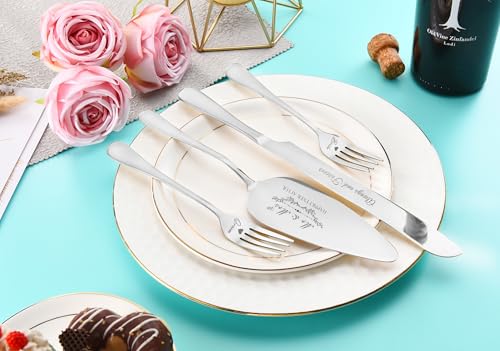 Wedding Cake Knife and Server Set, Silver Cake Cutting Set for Wedding, 4 Pieces Set with Forks for Engagements, Anniversaries, Bride and Groom by BEKESIN - Image 6