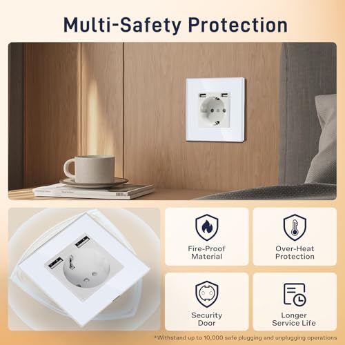 BSEED USB Steckdose Wei&szlig; Schuko Steckdose mit USB Anschluss (Max. 2.1A) Unterputz Steckdose Glas Schutzkontakt-Steckdose Ladeger&auml;t f&uuml;r Handys, Laptops etc