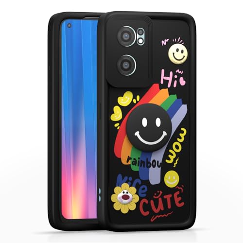 Image of Pikkme Back Cover for OnePlus Nord Ce 2 5G | Soft Silicone| Cute Rainbow Smile & 3D Cartoon Flower Design | Shockproof Raised Camera Protection Bumper Case (Black)
