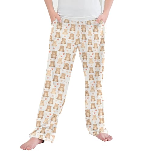 Cute Bear Heart Long Pajama Pants Elastic Waist PJ Bottoms with Pockets S A112977