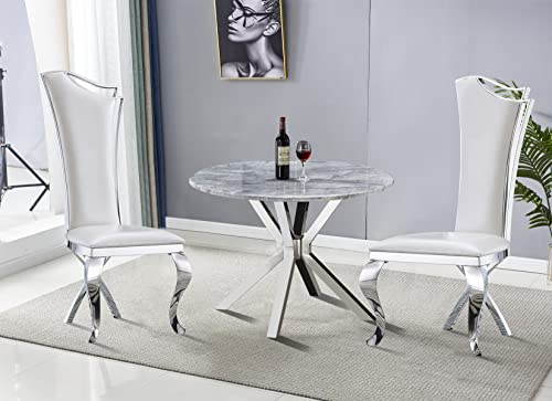 Goderfuu Dining Chairs Set Of 6 - White Dining Room Chairs With Stainless Steel Legs, Faux Leather Upholstered Dining Chairs Modern Dining Chairs Kitchen Side Chairs, White And Silver Dining Chairs #TOP1