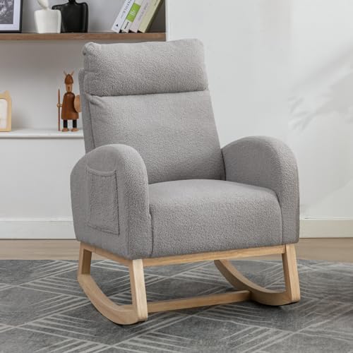 DEKKETO Nursing Rocking Chairs for Adults, Teddy Nursery Rocking Chair for Mum, High Backrest Boucle Armchairs with Wood Base and Side Pocket, Comfy Glider Chair, Light Grey