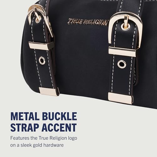 True Religion Metal Plaque Quilted Crossbody Bag, Quilted Shoulder Purse with Gold Logo and Adjustable Handbag, Black3