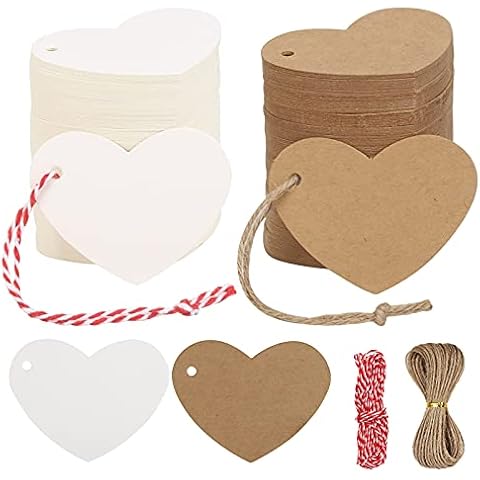 WEDNOK 400pcs Heart Shaped Tag Card Hearts Gift Tags Kraft Paper Set with Jute Thread and Red White Rope for Wedding Birthday Party Favours DIY Arts Crafts Gift Box Decoration(Brown, White) Cover