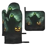 Ofenhandschuhe und Topflappen, Motiv: grüner Geist, Horror, Halloween-Kürbis-Druck,...