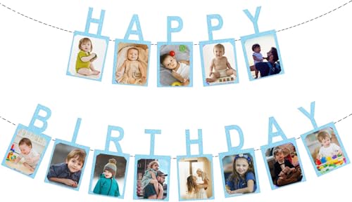 Birthday Garland, Photo Garland for Birthday, Happy Birthday, Hanging Photo Wall Decoration for Party Decor, Girls/Boys, Happy Birthday Banner (Blue)