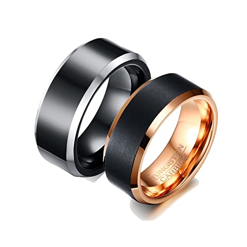 Bague en tungstène bicolore 2 anneaux design biseauté pour couple