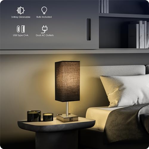 Soilsiu Bedside Lamp with USB Ports - Touch Control Table Lamp for Bedroom with USB C+A Charging Ports & AC Outlets, 3 Way Dimmable Nightstand Light for Living Room (Bulb Included, Black)