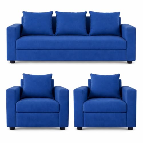 Image of Wood 3+1+1 Sofa Set 5 Seater | Velvet Fabric Upholstery | Wooden Frame Sofa Set with 3 Seater & 2 Single Chairs for Living Room, Home & Office (Blue)