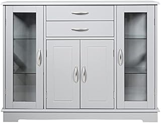 GiantexUK Wooden Buffet Cabinet, 4 Doors Storage Cupboard with 2 Slide Drawers & 5 Adjustable Shelves, Freestanding Kitchen Sideboard for Living Room, Dining Room and Hallway (Grey)