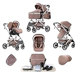 Lnhcrbs Cochecito Bebe 3 Piezas,Coche Para Bebe se Puede Bloquear en Las Ruedas Delanteras(Caqui)