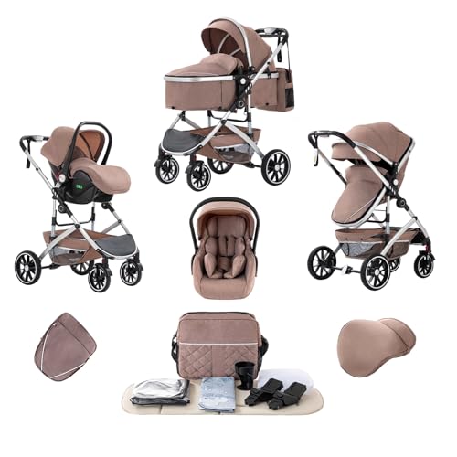 Lnhcrbs Cochecito Bebe 3 Piezas,Silla de Paseo De Plegado Rápido con Un Solo Clic,Cochecito Bebe Alta con Cesta de Dormir Ampliada,Coche Para Bebe se Puede Bloquear en Las Ruedas Delanteras(Caqui)