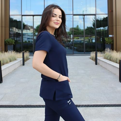 B-well Bella Damen-Schrubb-Set Schlupfkasack + Schlupfhose Set Medizin Arzt Uniform Schlupfjacke Oberteil mit Hose Medizinische Berufsbekleidung mit Elastan (Dunkelblau, L) – Bild 4