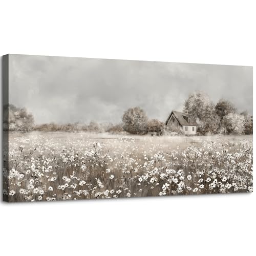 SLYCAY Large Vintage Neutral Greige Farmhouse Wall Art Prints, Retro Country Landscape Wildflower Field Canvas Wall Decor Oil Paintings, Home Decor Bedroom Living Room Bathroom Office Artwork 20"X40"