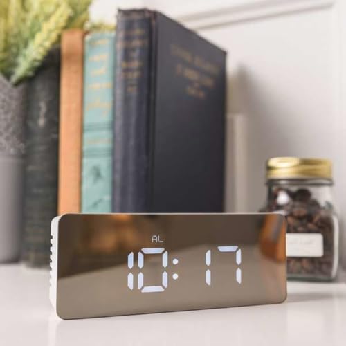 Reloj despertador digital LED de espejo rectangular multifuncional con alimentación USB plata 3