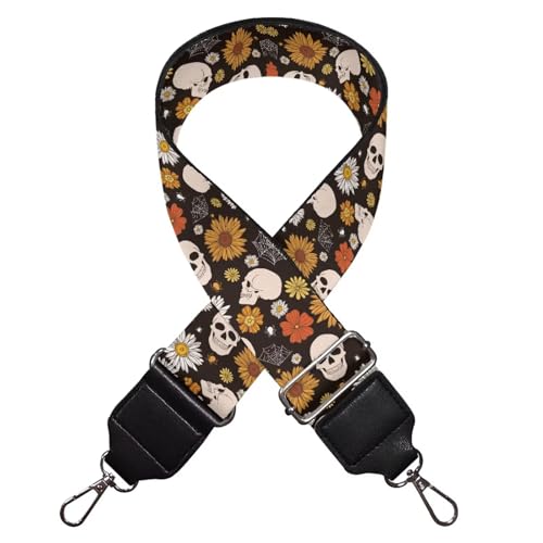 Image of Coldinair Skull Luggage Strap Replacement Wide Bag Strap,Hippie Flower Guitar Strap for Purses Crossbody, Easy to Install Purse Making Supplies