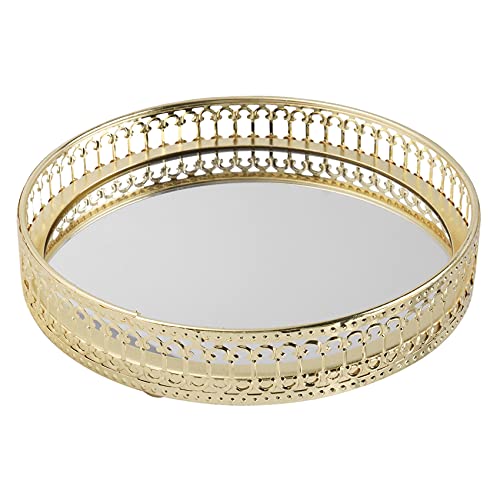 Xiniy Bandeja de Almacenamiento de Joyas de Hierro Dorado Espejo de Vidrio Organizador de Maquillaje Bandeja de Exhibición Decorativa de Postre Cosmético de Escritorio 17,5Cm