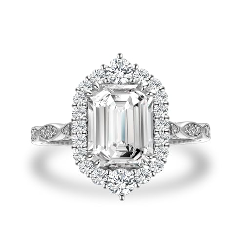 2.5CT Emerald Cut Engagement Ring for Women, S925 Sterling Silver AAAA CZ Simulated Diamond Promise Ring with Halo and Side Stones