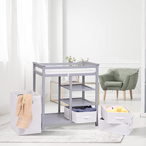 Obbao Changing Table, Baby Changing Table, Changing Table With Hamper, 3 Storage Baskets Drawers, Safety Strap And Removable Pad, Grey #TOP1
