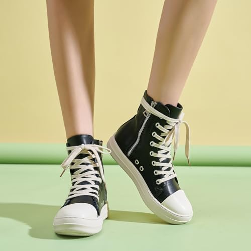 Kluolandi Women's High Top Sneakers Lace Up Canvas Shoes with Zipper Comfort Platform Walking Shoes in Black and White3
