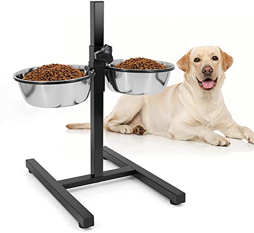 King International Adjustable Raised Pet Bowls for Dogs and Cats, 18'' high, Elevated Dog Bowls, Raised Dog Bowls with 2 Bowls Adjustable Iron Stand H-Base Double Bowl Stand Two Steel Removable Bowls