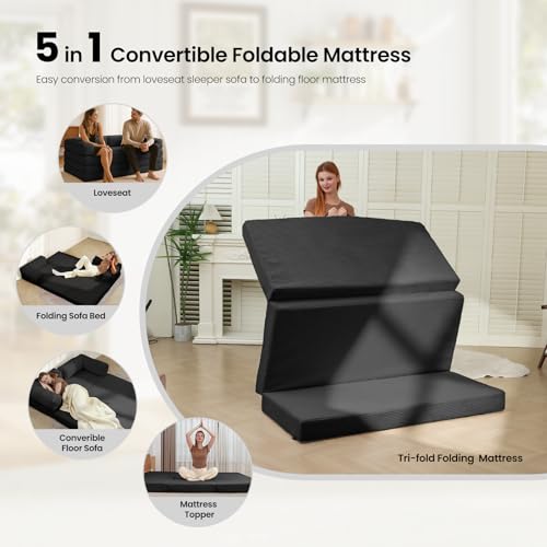 Image of Tri-Fold Foldable Mattress, Convertible Folding Sofa Bed with Removable Arms & Washable Cover, All-in-One Portable Mattress Floor Sofa Bed, No Assembly Required & Non-Slip, Full Size, Black