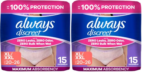 Image of Always Discreet Adult Diapers for Women, Incontinence Underwear, Postpartum Essentials, Disposable Briefs, Max Absorbency, Bladder Leak Protection, Extra Large /XL, 15ct (Pack of 2)