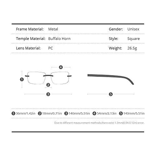 HEPIDEM 100% Really Buffalo Horn Handmade Sun Glasses Square Rimless Luxury BUffs Sunglasses 08163