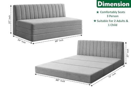 Image of 3 Seater Foldable Floor Sofa Bed with, Modern Velvet Fabric Folding Couch for Living Room, Guest Room & Small Spaces- Grey Color