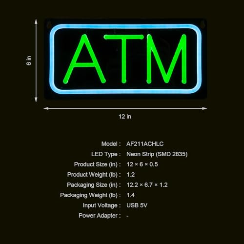 Image of ATM Neon Sign, Small Size, 12 inchx6 inch, USB Powered, 9 Levels of Brightness, Signboards for Convenience Store, Gas Station, Liquor Shop, Mini Market, Wall Window Decor for Storefront (Green, Black Acrylic)