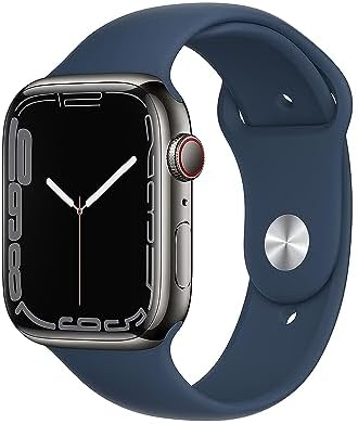 Apple Watch Series 7 (GPS + Cellular, 45mm) Smart watch - Graphite Stainless Steel Case with Abyss Blue Sport Band - Regular. Fitness Tracker, Blood Oxygen & ECG Apps, Water Resistant