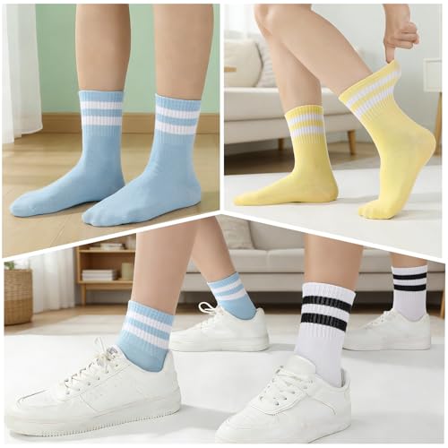 Image of Womens Crew Socks Striped Trim Casual Crew Socks Mid Calf Ankle Sock Vintage Retro Gym Running 6 /8 Pack