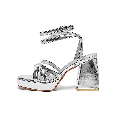 Amoji Women's Silver Platform Heels Chunky Strappy Thick Prom Dressy Wedding 305 Silver 9.5 Women2