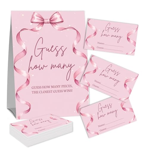 Qwertirsr Pink Bow Guess How Many Party Supplies Bow Theme Decorations for Bachelorette Bridal Engagement Wedding Girl Baby Shower Bow Theme Party Decor Include 1 Standing Sign & 50 Guessing Cards