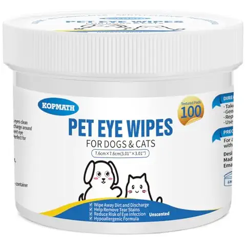 Kopmath Pet Eye Wipes for Dogs and Cats, Clean Tear Stain, Big & Thick Cat Eye Wipes for Dogs, Mild Ingredient, Texturized & Presoaked Pet Eye Cleaner Pad for Discharge Crust Booger, Unscented, 100 Ct Cover