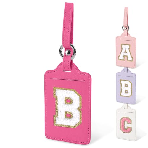 Initial Luggage Tags for Suitcases, Cute Letter Luggage Bag Suitcase Identifier Name Baggage Tag, PU Leather Travel Luggage Tags, Bag Tags for Men Women Kids Luggage Handbags(Rosered-White B)