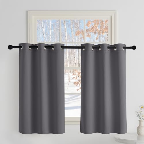 PONY DANCE Cortinas Dormitorio Cortas Aislantes Termicas Frio Cortinas Opacas Blackout para Salon Modernas Cocina Comedor con Ojales,90x100cm,Gris