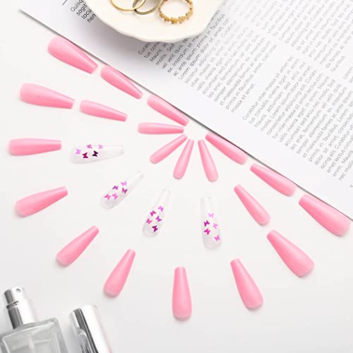 Aksod Glossy Gradient Pink Press On Nails Long Square Coffin Fake Nails Butterfly Glitter Sequins Art Acrylic False Nails Tips Ballerina Nails For Women And Girls (Pink B) #TOP1