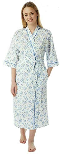 Ladies Cotton Floral Print Night Gown Soft & Comfortable Loungewear Women's Robes Wrap with Tie Belt Short Sleeve Ladies Dressing Gowns for Women UK Sizes 10-30, MN18 (Blue, 16-18)