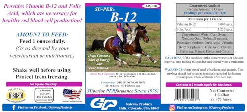 SU-PER B-12 Energy Horse Supplement - Equine Vitamins B-12 & B-9 Folic Acid Support Liquid - Red Blood Cell Production & Stamina Support for Peak Performance - Gallon, 4 Month Supply (120 Days) - Thumbnail 2