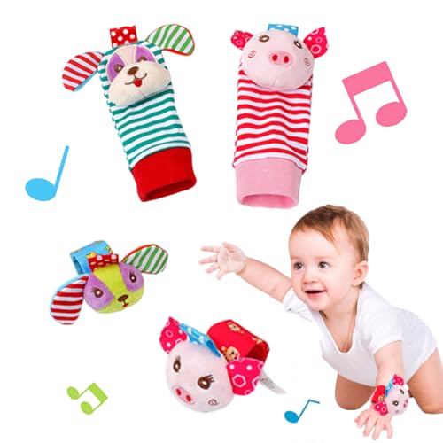 FENQURO 4 Pcs Giochi Neonato Calzini Sonaglio Sensoriali, Stimola l'esplorazione Sensoriale, Suono Chiaro e Dimensioni Adeguate, Giocattoli Educativi per Neonati 0-12 Mesi（Cane Maiale）