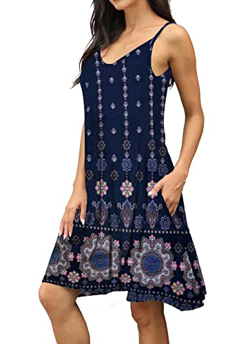 Image of Women's Summer Spaghetti Strap Casual Swing Tank Beach Cover Up Dress with Pockets
