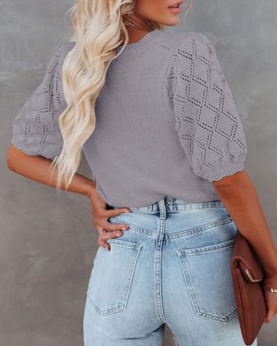 Image of Womens Short Sleeve Sweaters Crewneck Knit Pullover Tops 2025 Summer Casual Lightweight Crochet Blouse Shirt