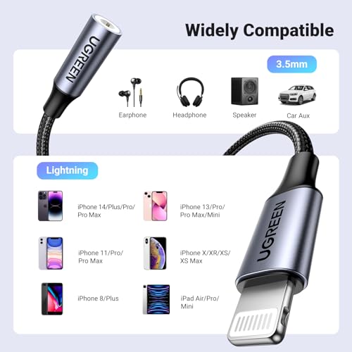 UGREEN Lightning to 3.5mm Adapter Apple MFi Certified Headphone Adapter for iPhone Lightning to Audio Aux Jack Dongle Compatible with iPhone 11 12 13 14 16 17 Pro Max/14 Plus/SE/XS, Grey