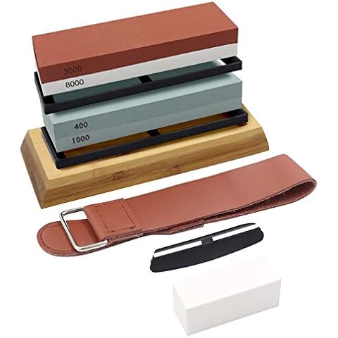 Snowtaros Sharpening Stone Set, Double-Sided 400/1000 and 3000/8000 Grit Grinding Stones, with Bamboo Base + Angle Guide + Lapping Stone + Leather Strips + Non-Slip Mat Cover