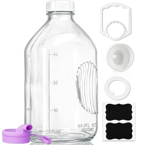 Ritayedet 64 Oz Heavy Duty Glass Milk Bottle with Reusable Airtight Strong SCREW LID - 1/2 Gallon Water Bottles with Scale Lines - 2 Qt Glass Milk Jug Pitcher - Extra Gaskets & Handle!
